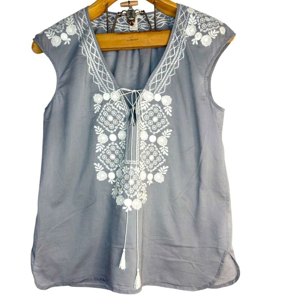 J.Crew Lightweight Boho Light Gray Flower Mosaic Embroidered Tunic Top Size: S